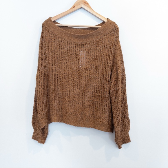 JLUXLABEL Light Brown Open Weave Off the Shoulder Sweater Size Medium Large - Picture 4 of 9